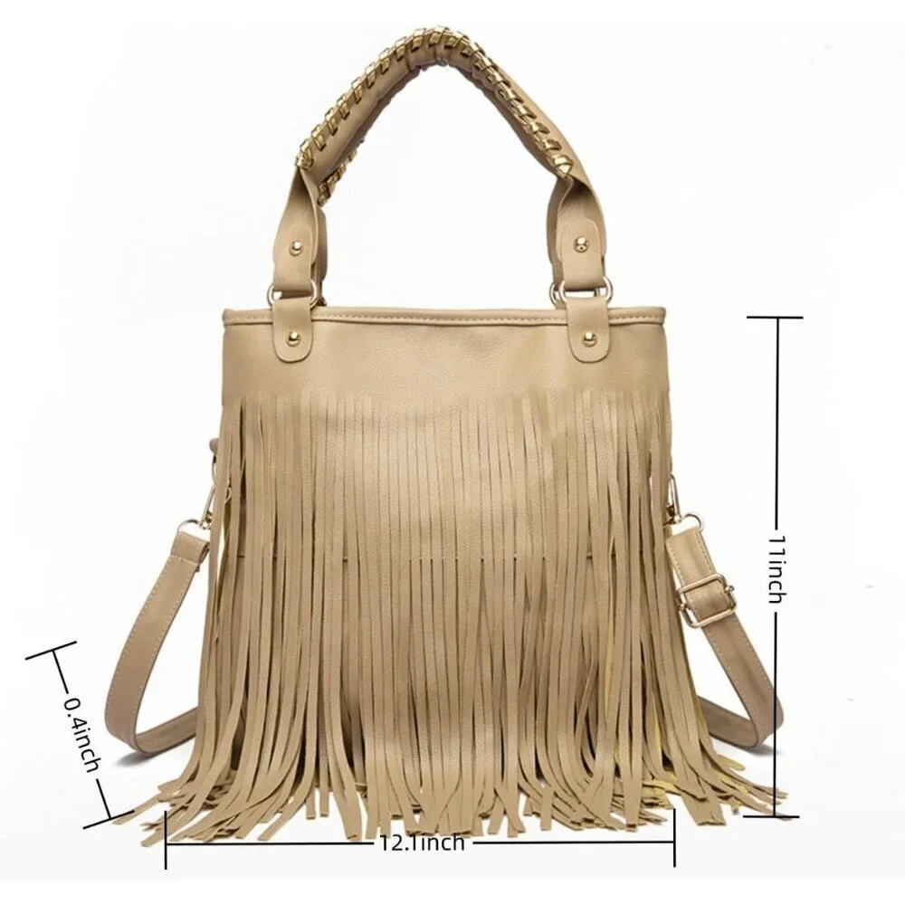 Handbag Faux Leather Shoulder Crossbody Purse with Rivets and Fringes